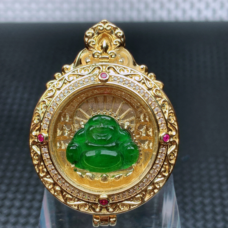 天然A货翡翠满绿色冰种佛公吊坠
