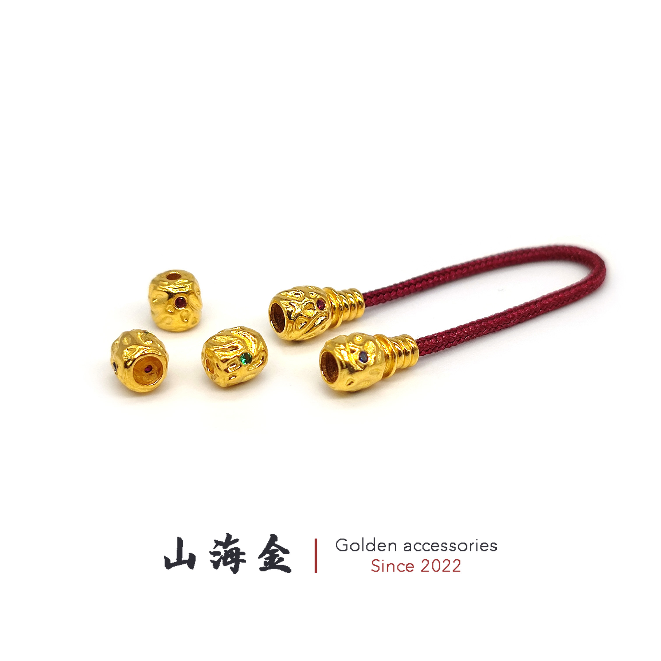 山海金 24K黄金999足金镶嵌宝石熔岩弟子珠尾坠文玩手串配饰