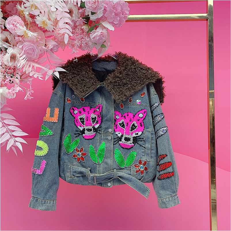 QD1626欧美设计师2025冬季新款钉钻刺绣豹子头牛仔外套女