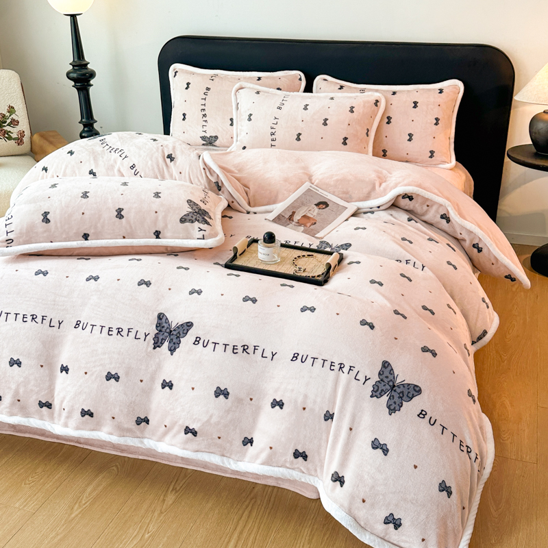 冬季牛奶绒四件套保暖被套床单防静电加绒加厚透气被罩印花