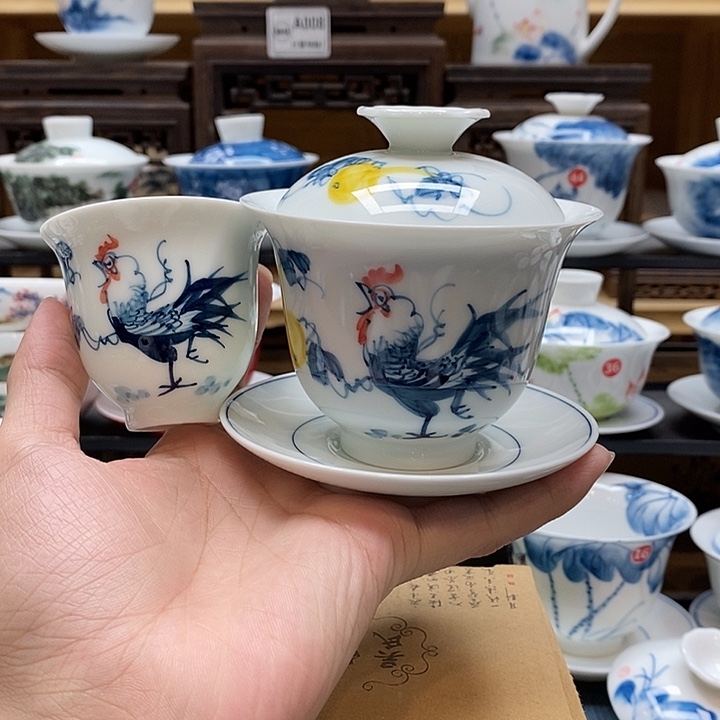手绘公鸡盖碗160cc➕同款主人杯75cc釉下彩微瑕福利款