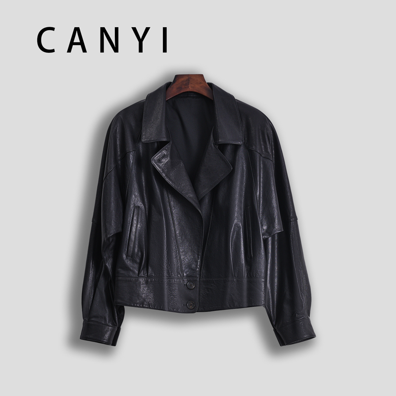 【璨衣】100%羊皮革 优雅极简复古风 翻领短款皮衣外套33508