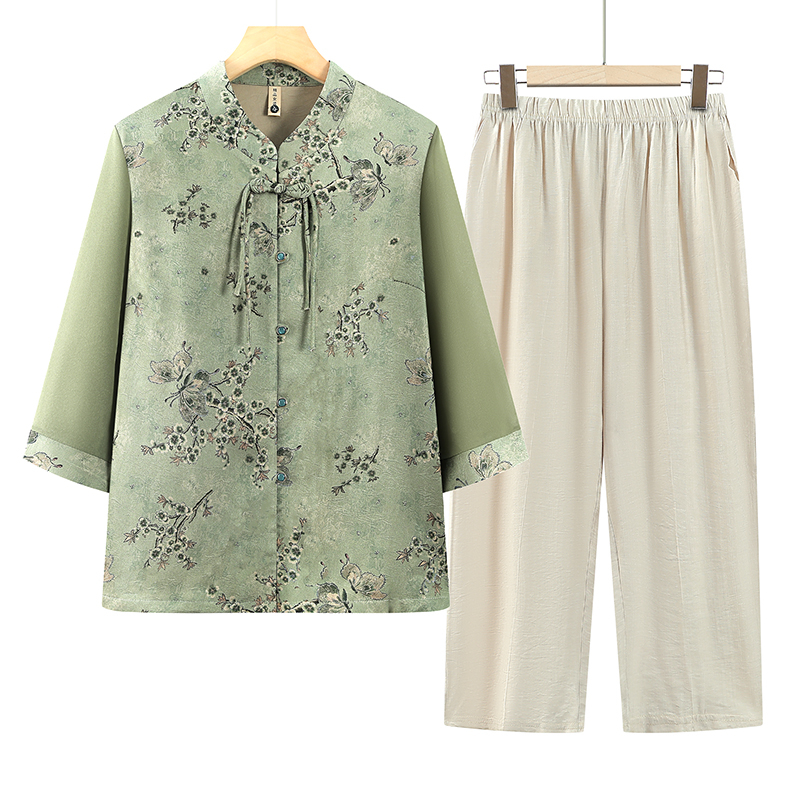 686 妈妈装夏款洋气套装中老年女夏季中袖上衣松紧腰裤子两件套