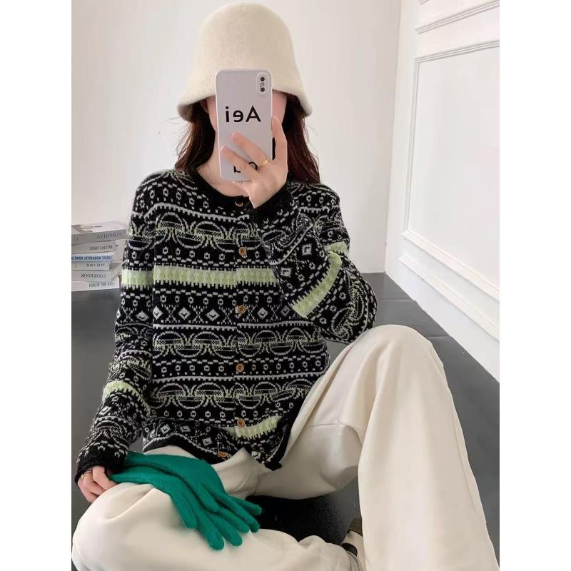《黑白荧光撞色027》黑底白纹撞色荧光条民族风针织开衫 女 货号027