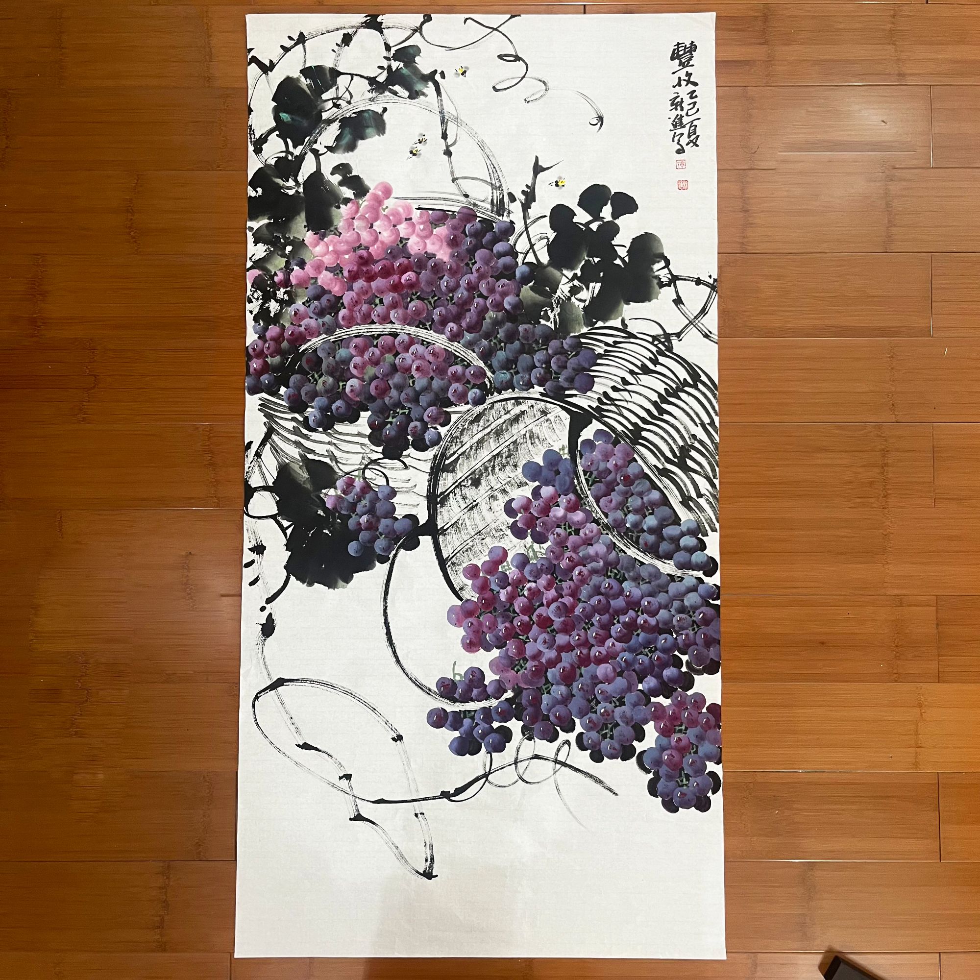 高新进四尺竖版国画葡萄玄关客厅紫气东来硕果飘香宣纸画芯138*68