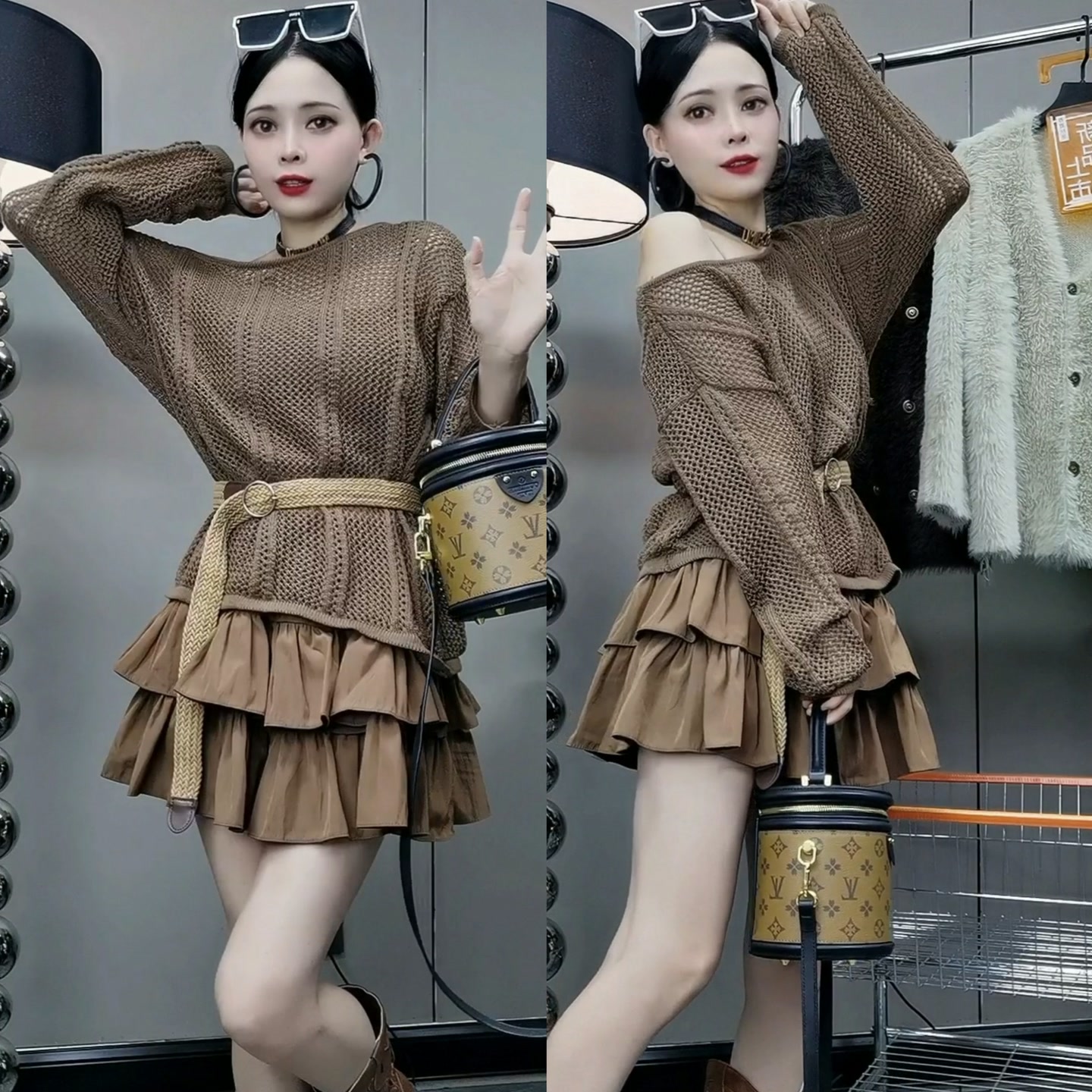 韩系女秋季绑带收腰镂空针织罩衫+高腰荷叶边短裙套装