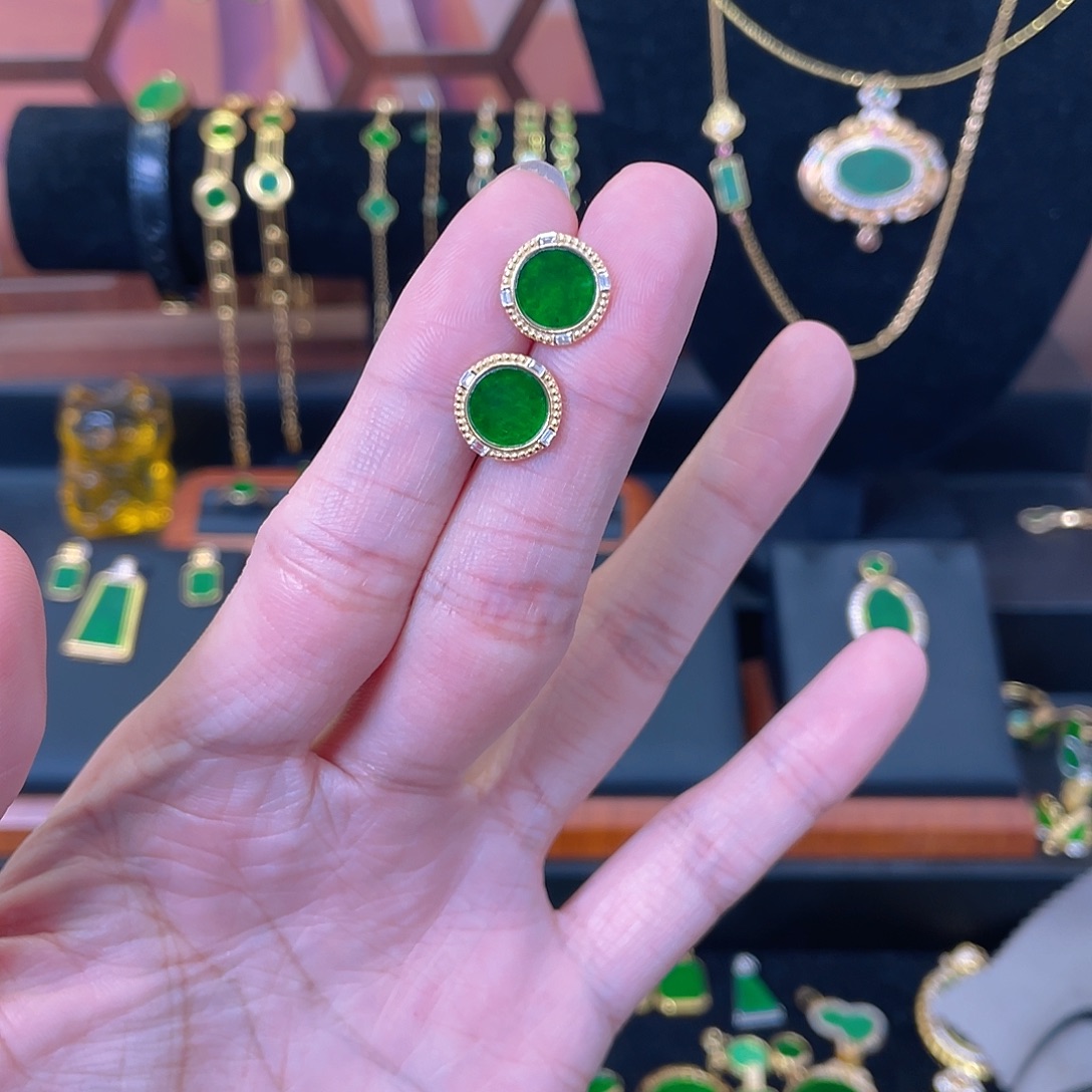 翡翠银S925镀金镶嵌耳饰