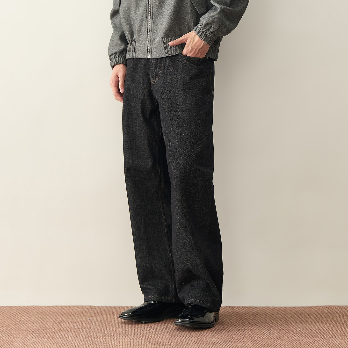 DTBD原色牛仔裤男秋季新款美式复古黑色原牛裤子宽松直筒休闲长裤