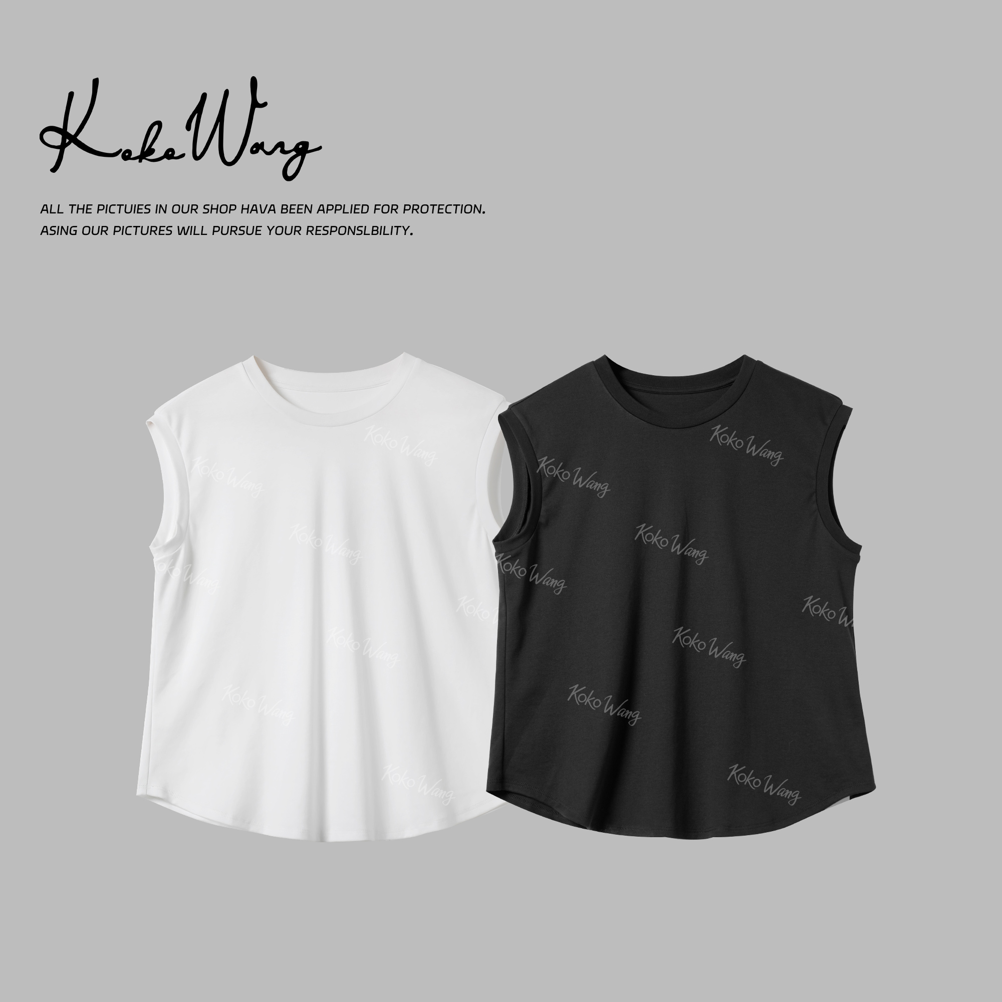 KOKOWANG夏季简约纯色海岛棉直角肩修身显瘦百搭背心576175F13T41