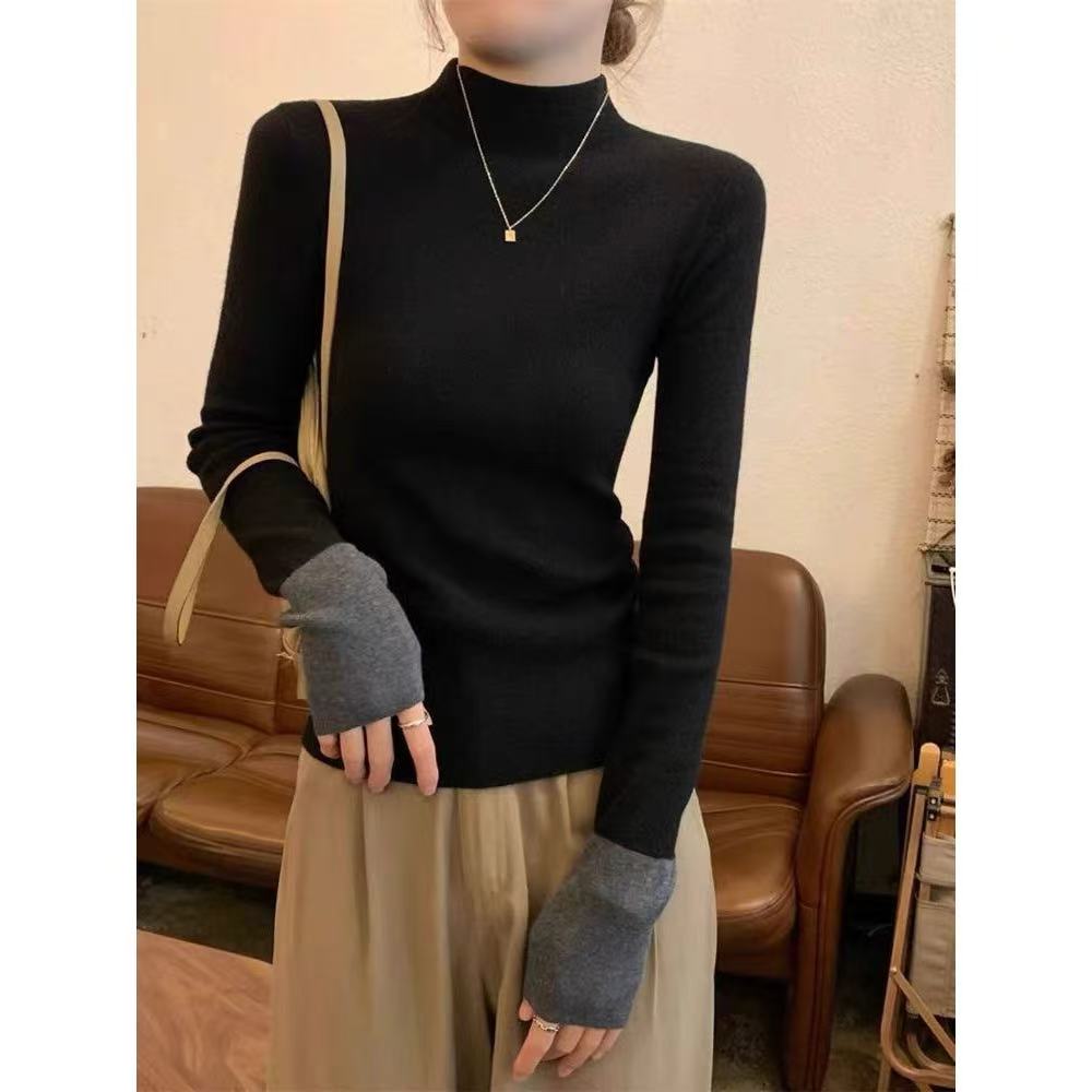 2025秋冬新款加绒撞色半高领修身洋气内搭显瘦纯色上衣打底衫百搭