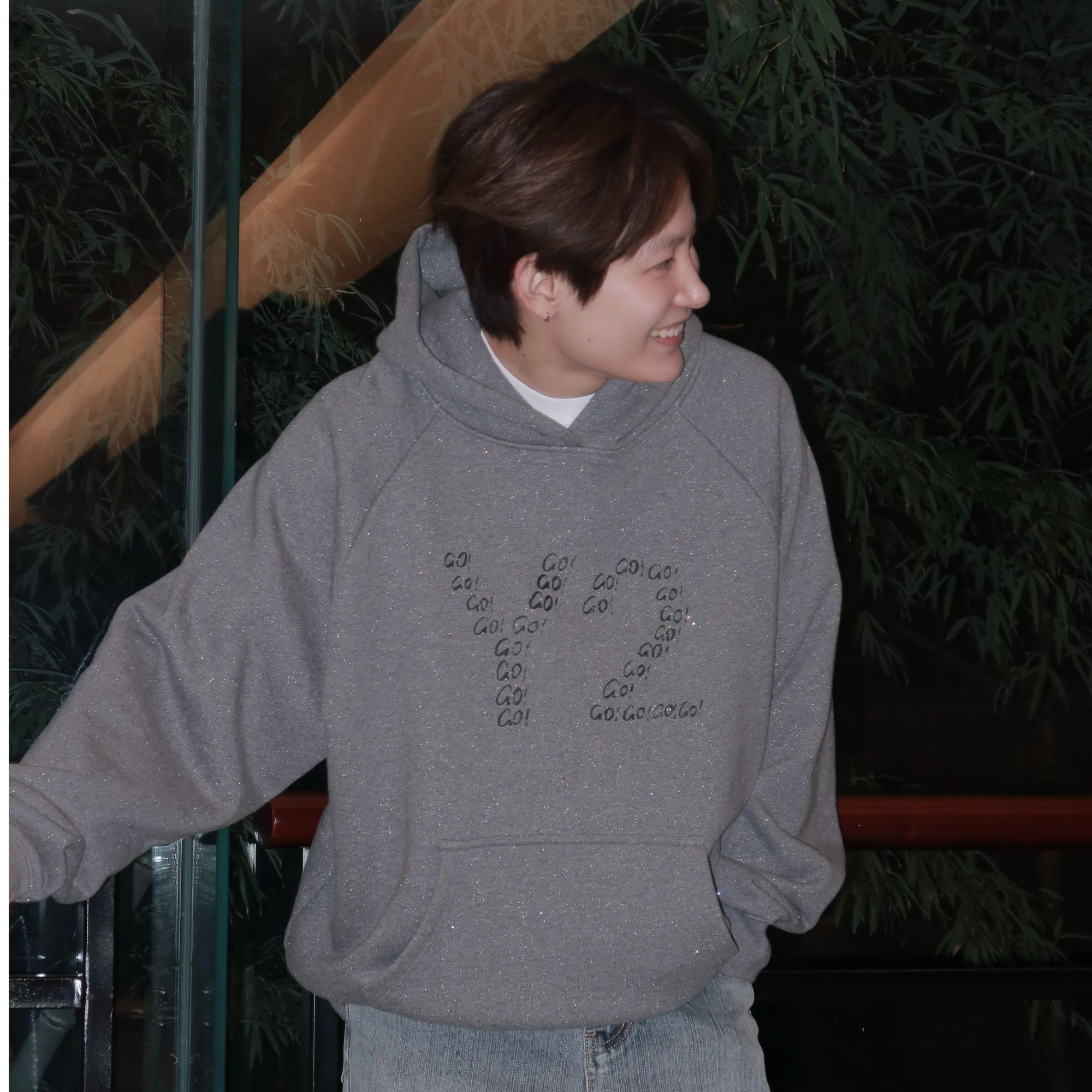 Y2NG"Y2 GO!"创意印花银河闪粉灰色连帽卫衣宽松重磅套头上衣外套