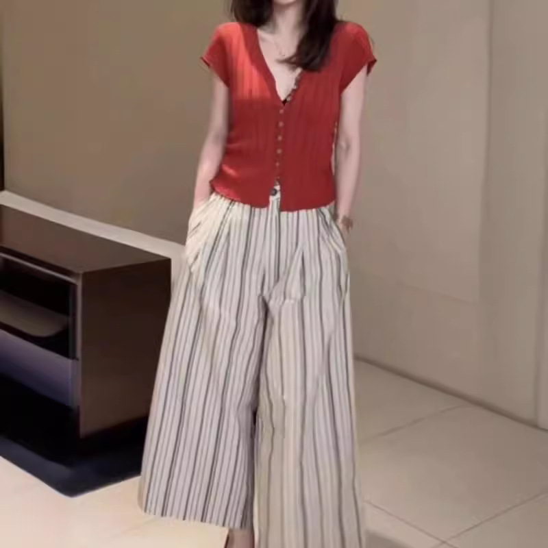 大爱美依缘夏季新款领短袖修身开衫上衣阔腿竖条纹裤女