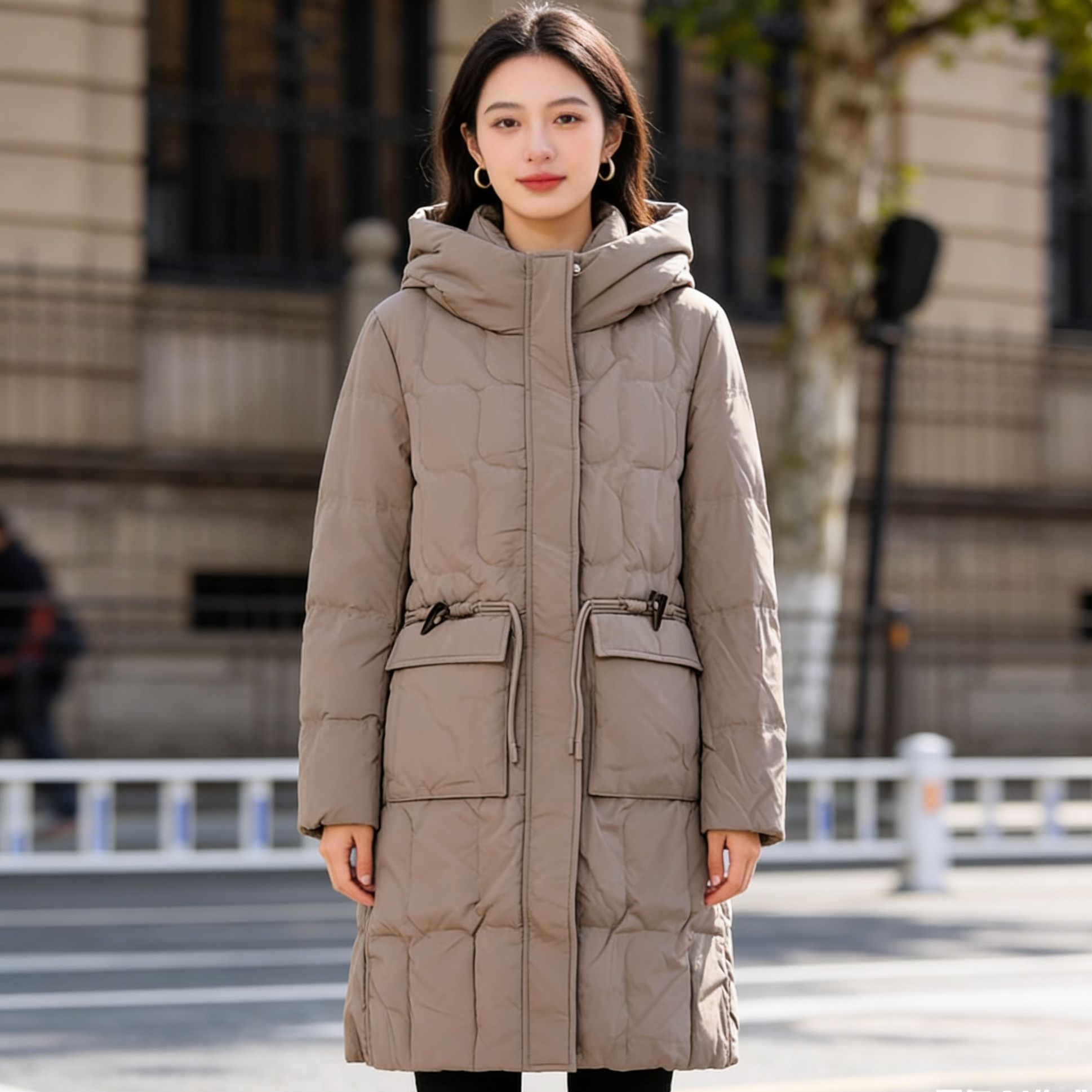 DY822中长款90绒白鸭绒厚款时尚宽松大口袋秋冬简约女款羽绒服