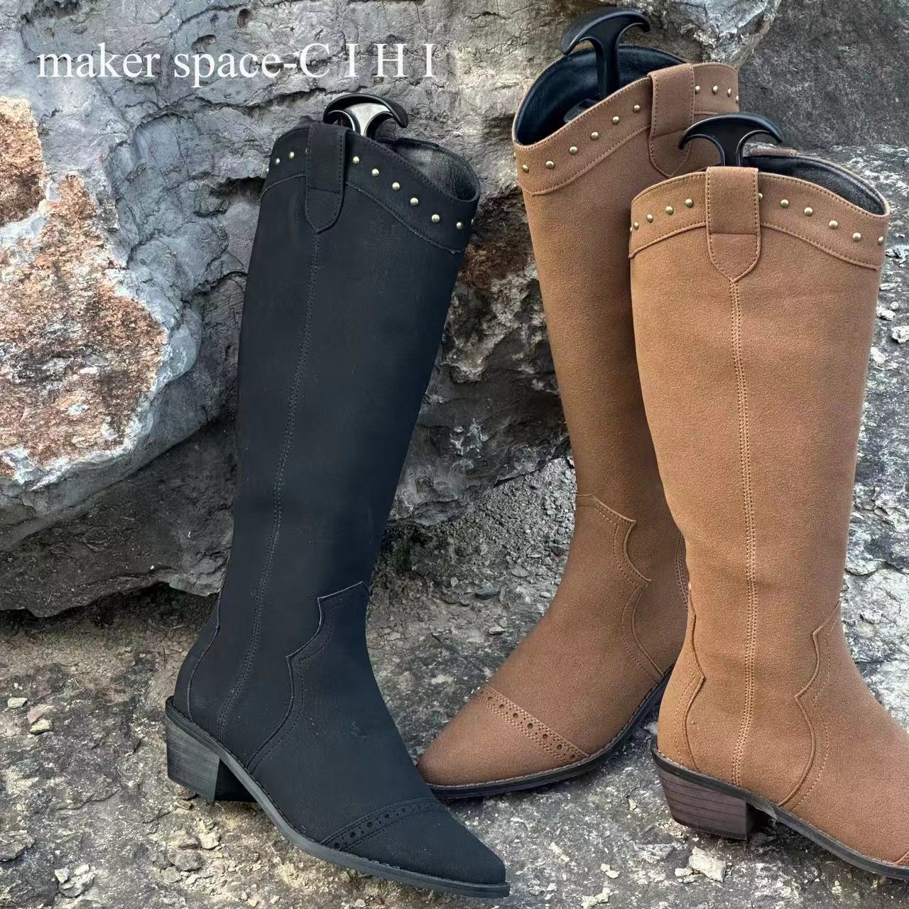 Cihi設計'makerspace'-618【温桐】小众设计 复古铆钉尖头长筒靴