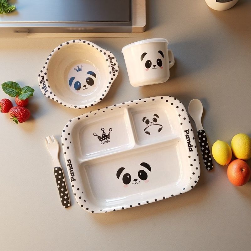 竹纤维熊猫儿童餐盘宝宝家用餐具通用分隔餐盘小孩辅食碗叉勺水杯