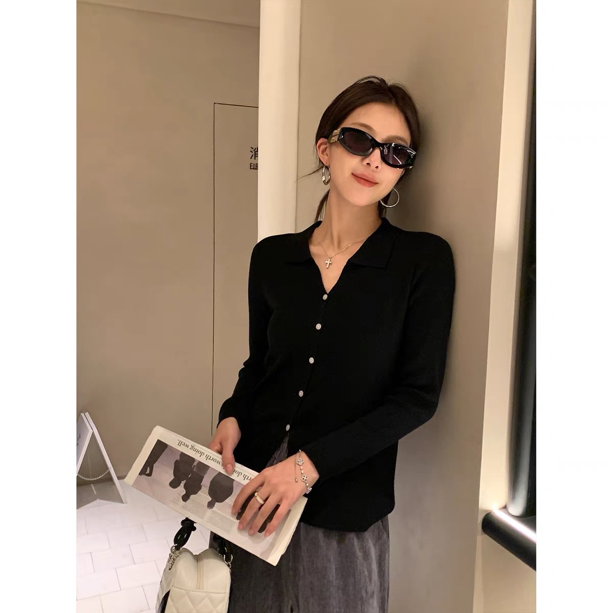 【燕麦色】开衫外套3656超柔软新款高品质POLO领针织上衣