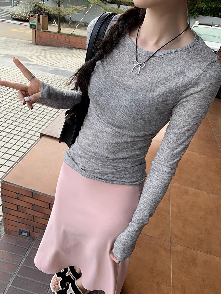 女装上衣打底衫显瘦春秋长袖辣妹夏季不规则薄款修身纯色韩版