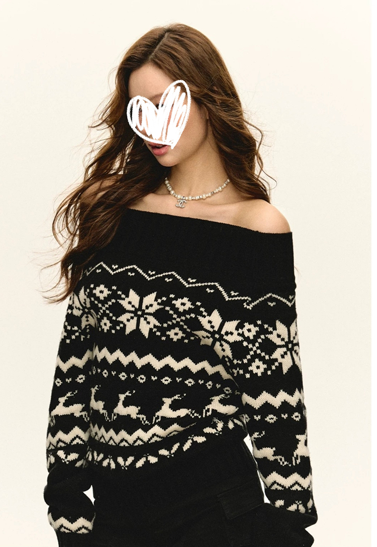 复古慵懒风提花长袖一字肩针织上衣辣妹气质显瘦露肩黑色毛衣