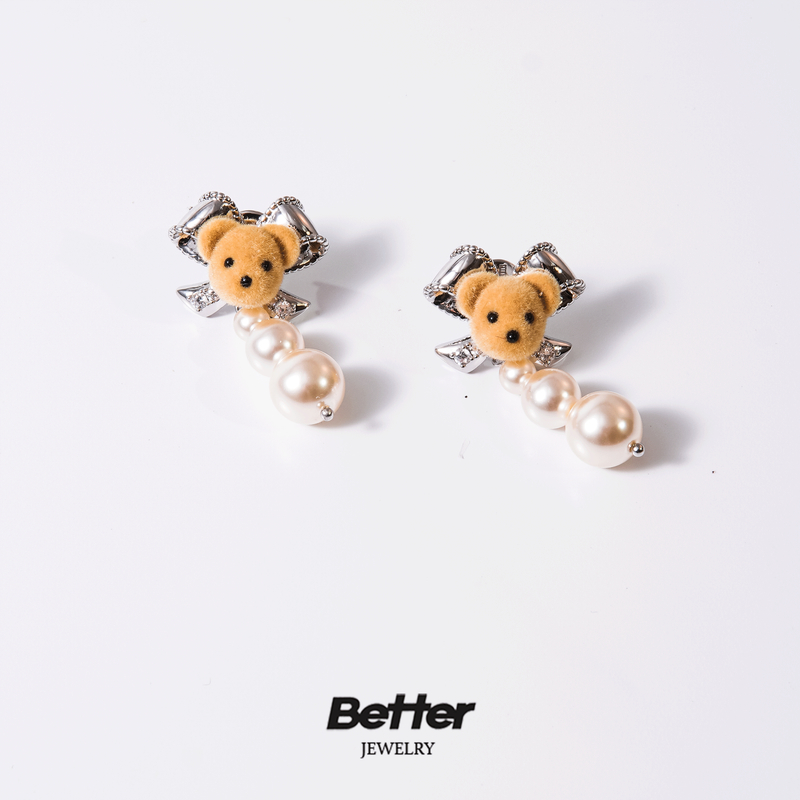 铜合金耳饰 H411　毛绒小熊流苏耳钉