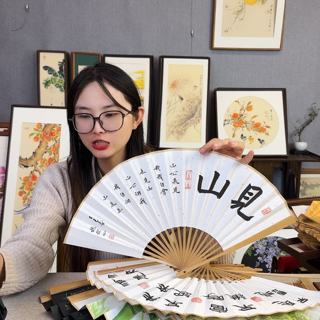 国画8寸水磨玉竹-纯手绘-文玩扇骨（默认粘好）