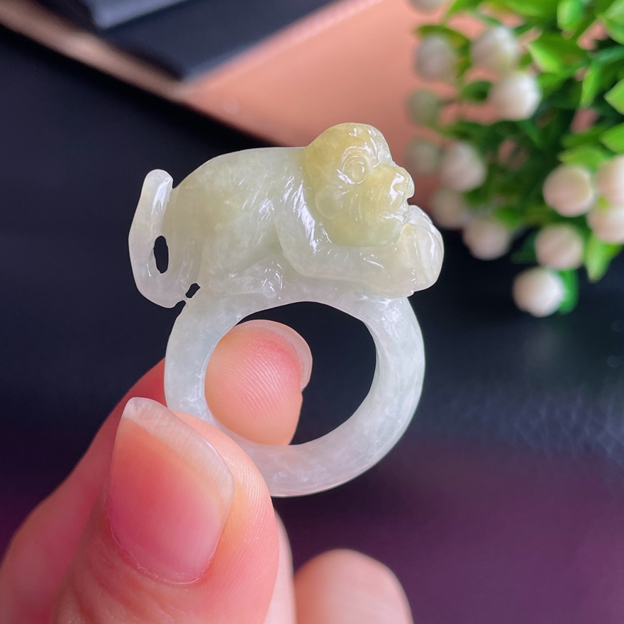 12号圈口天然A货翡翠猴戒圈缅甸老坑冰糯种十二生肖灵猴献寿指环
