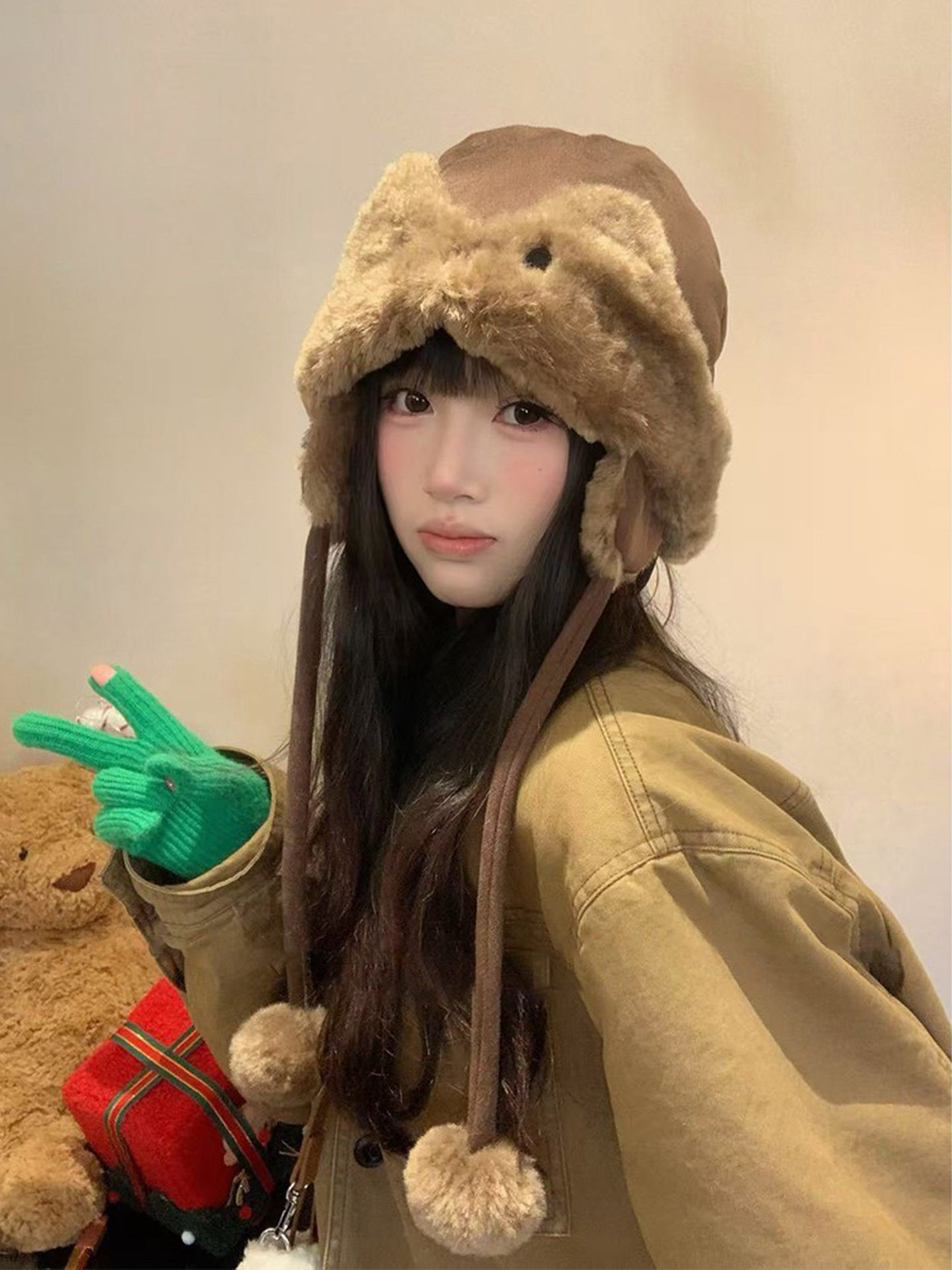 毛绒双面戴护耳雷锋帽子女冬季加厚保暖防寒护耳帽户外滑雪套头帽