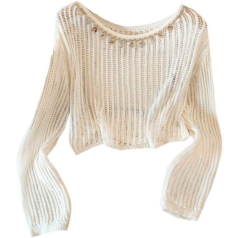 丝柏舍2025夏季新款女落肩长袖短款镂空套头圆领针织衫S52X4622Z