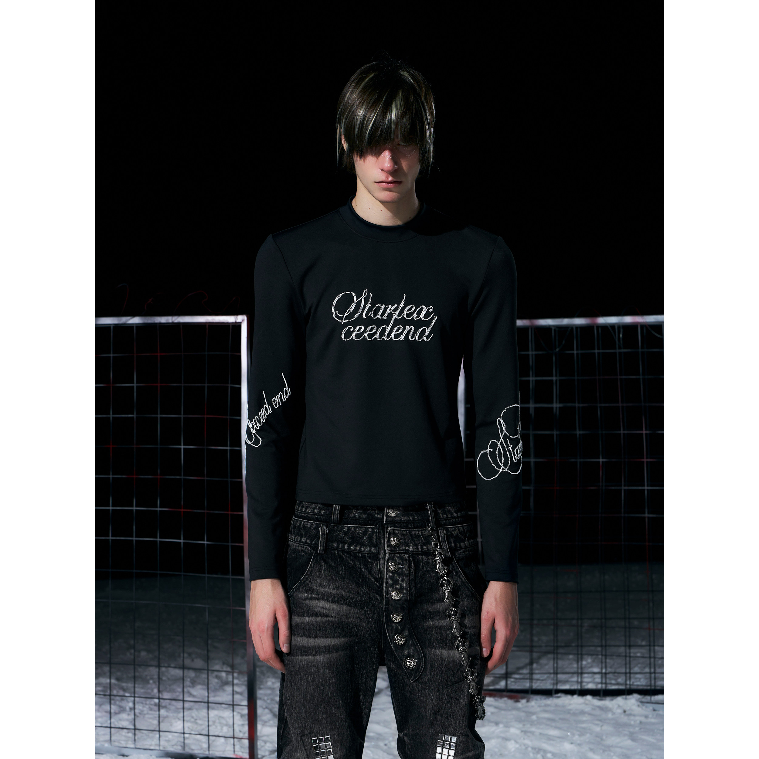 STARTEXCEEDEND 手工字母钉珠打底衫男秋冬黑色圆领长袖T恤内搭潮
