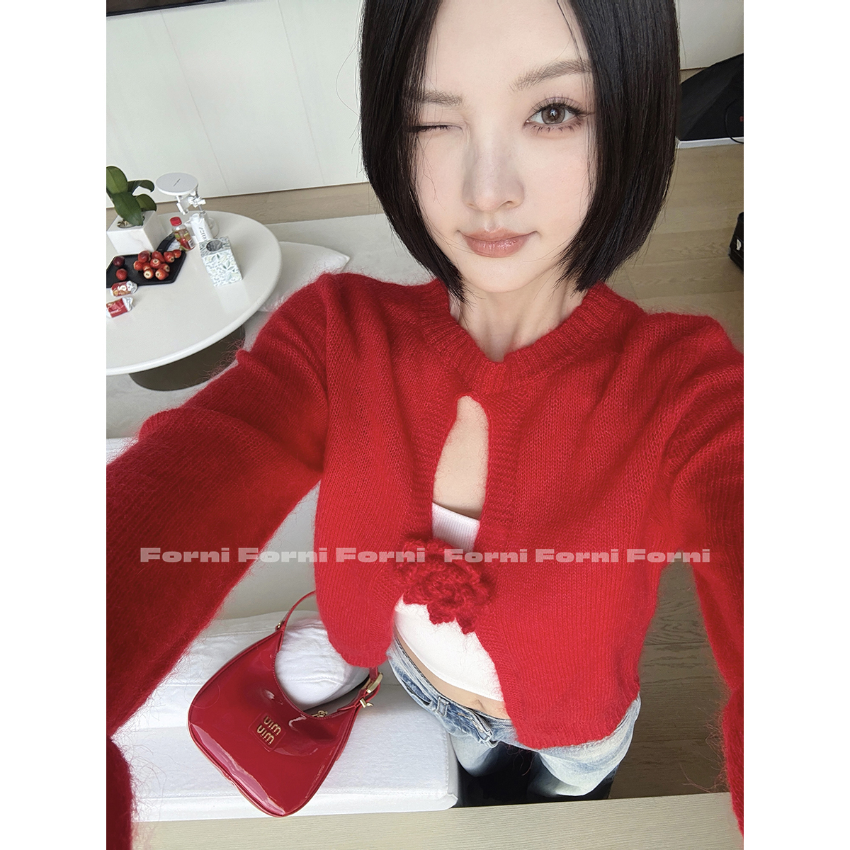 FORNI 梦中玫瑰园 马海毛羊毛手工钩花圆领针织开叉罩衫开衫上衣