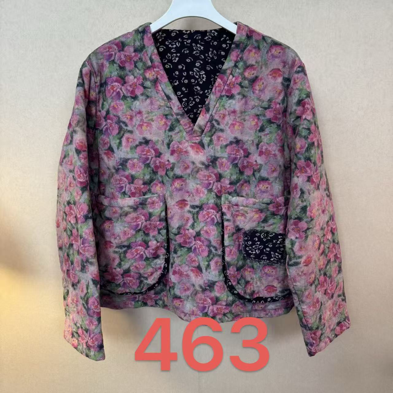 463-冬季新款v领套头双面双穿厚款长袖女复古百搭套头棉服