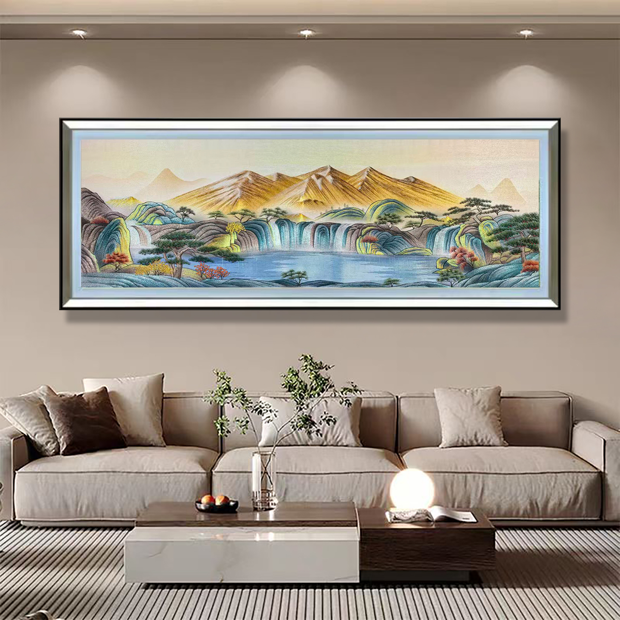 一杉高端刺绣装饰画《金山聚宝盆》新中式客厅沙发背景墙装饰画