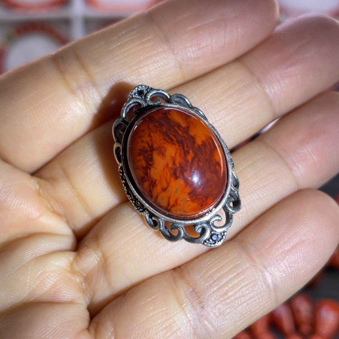 南红玛瑙珠宝奇石银S925镶嵌女款火焰纹戒指