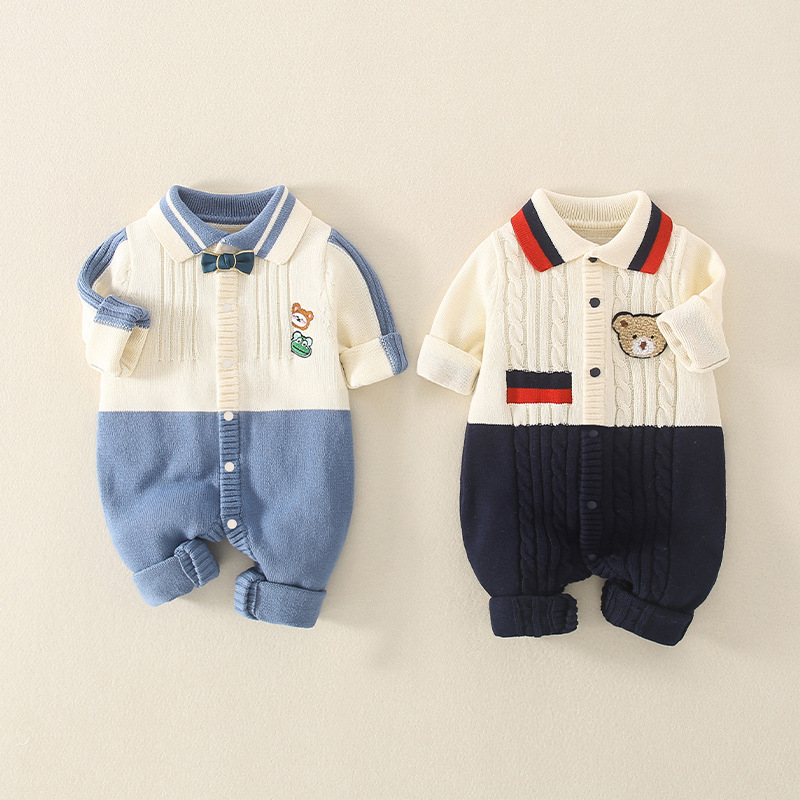 春秋新生婴儿连体衣服宝宝洋气春装爬服牛仔哈衣周岁百天满月长袖