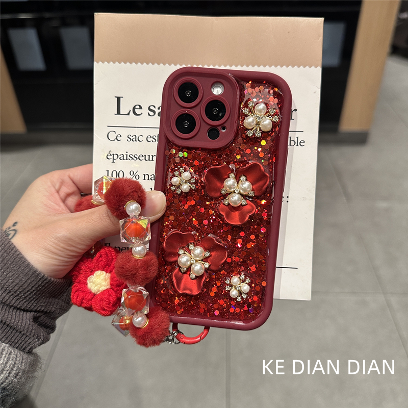 轻奢ins创意花朵手机壳酒红适用苹果16华为复古oppo小米vivo女款