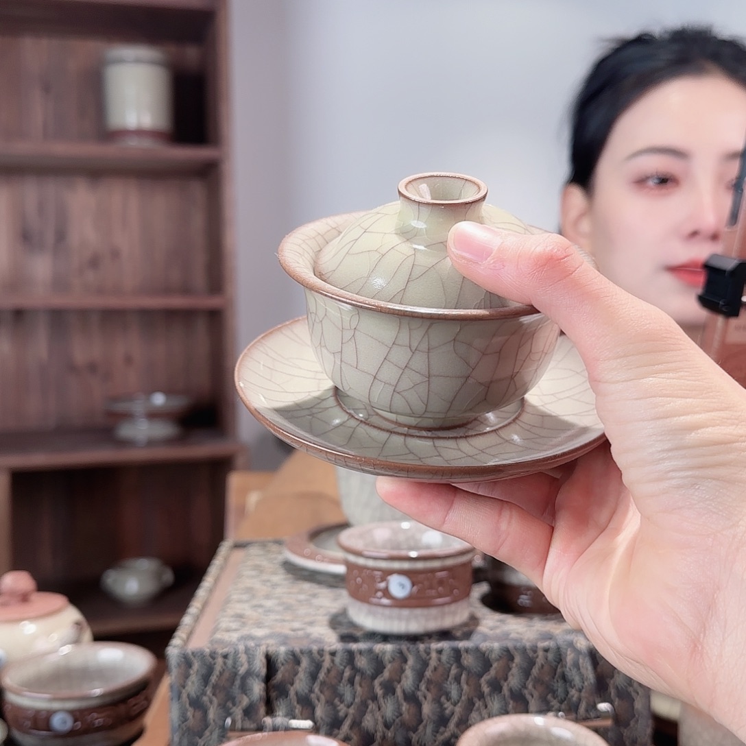 瓷摆件三才盖碗传世哥窑