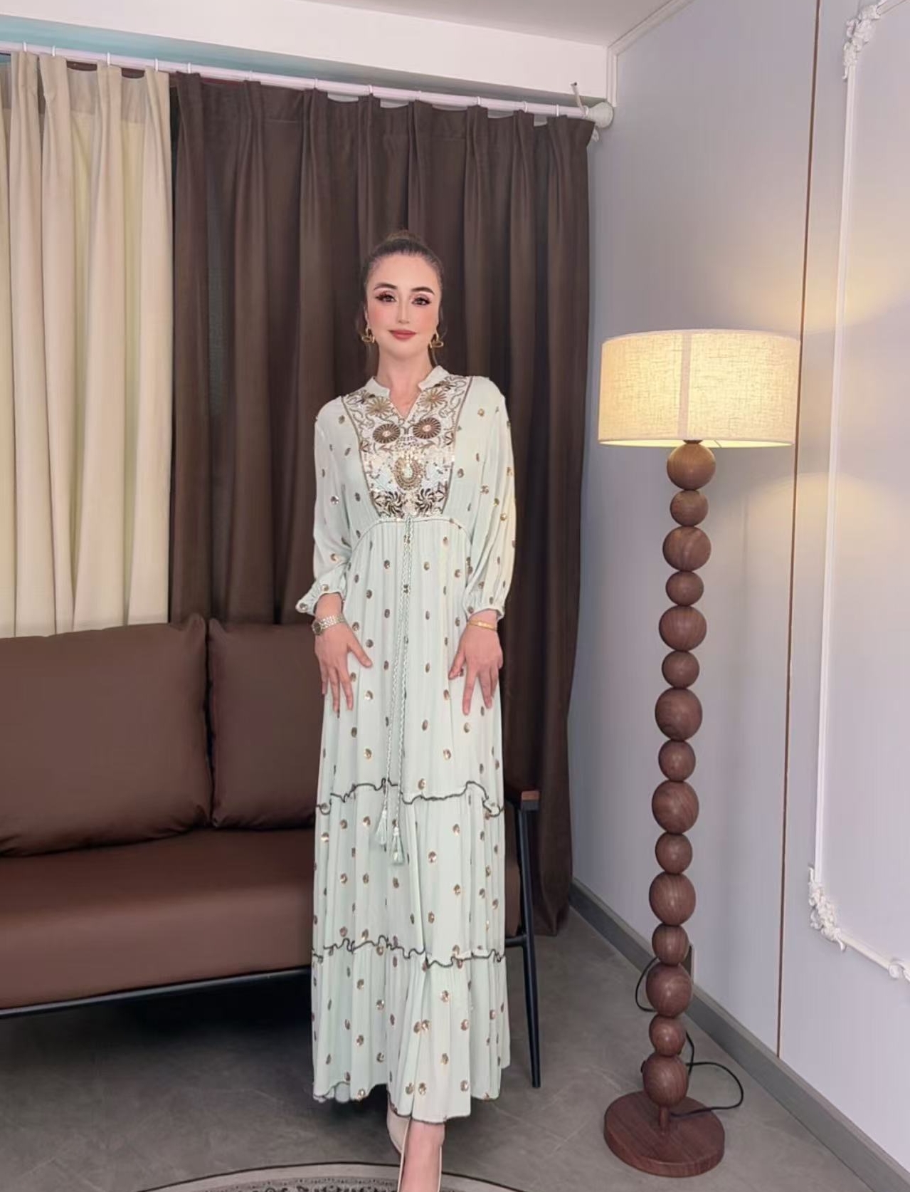 长裙波点优雅气质系带通勤V领连衣裙时尚圆领长袖碎花