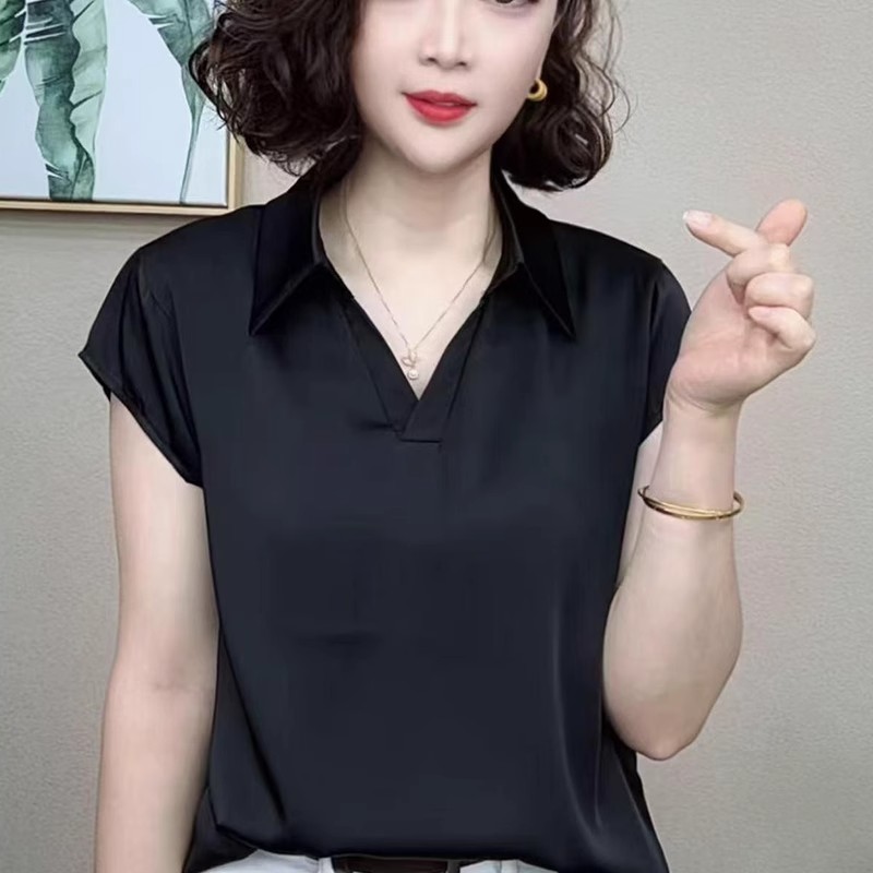 2025夏季洋气百搭气质短袖新款时尚T恤女上衣翻领纯色简约妈妈装