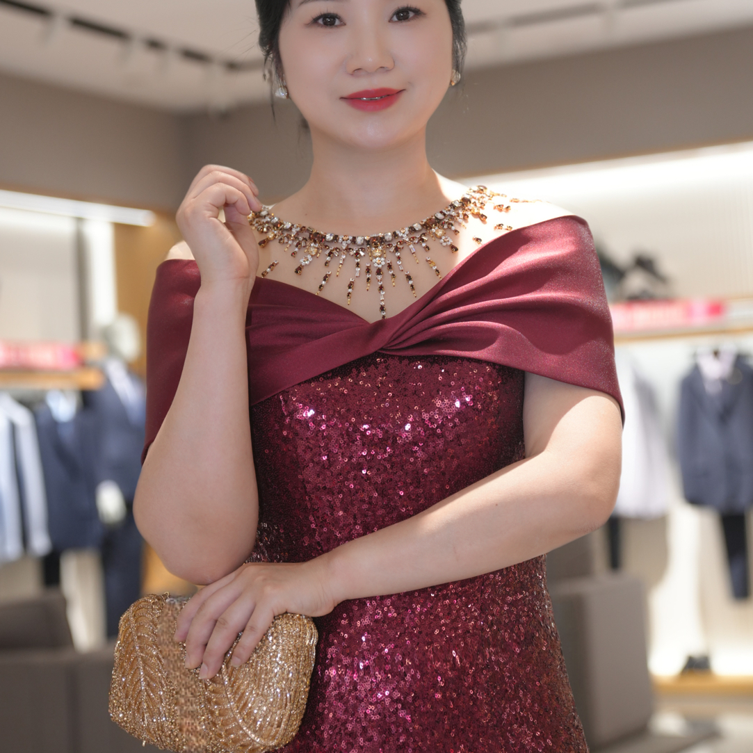 纯色一字领压皱短袖长裙圆领礼服轻奢敬酒服宴会