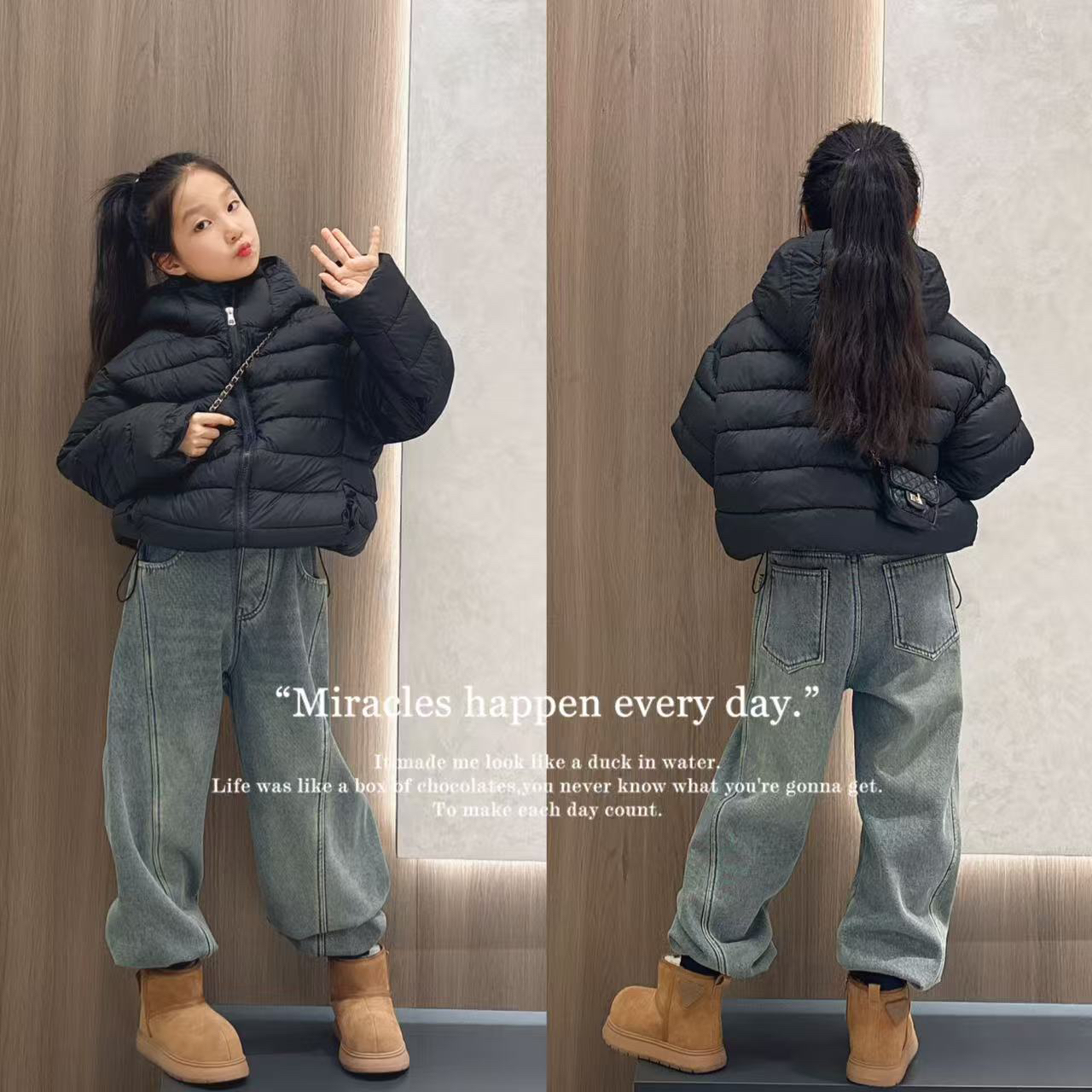 排骨泡芙棉服女童短款2025冬季新款韩版防寒连帽时尚加绒牛仔裤