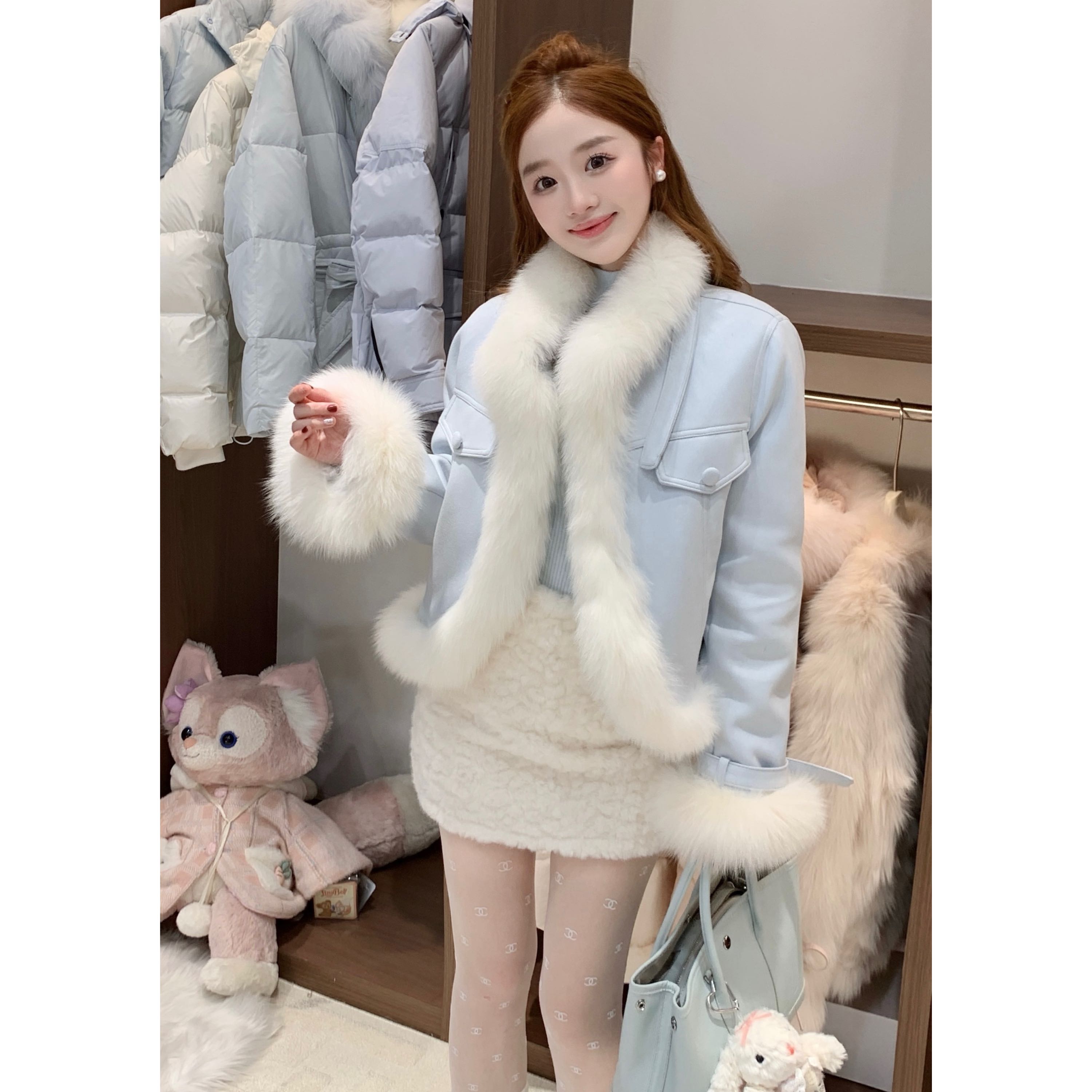 QINER“冰岛甜心”全真狐狸毛拼接内胆羽绒麂皮外套/显瘦保暖外套