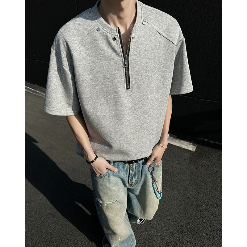黑色半拉链t恤男夏季设计感cleanfit短袖美式高街重磅半袖五分袖