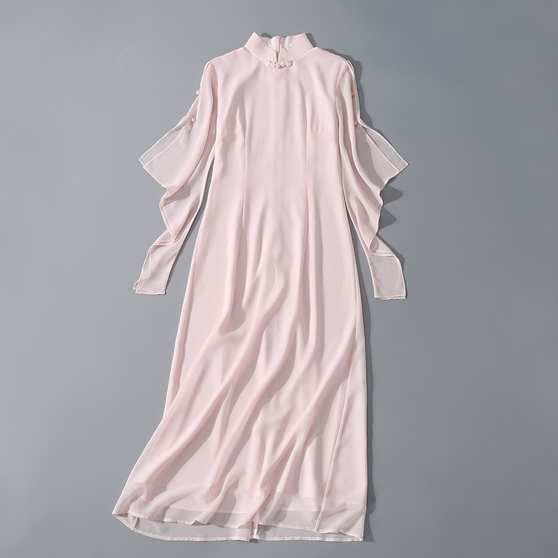 翰墨云汐25春夏新款中国风雪纺珍珠纱手工钉珠立领荷叶袖连衣裙