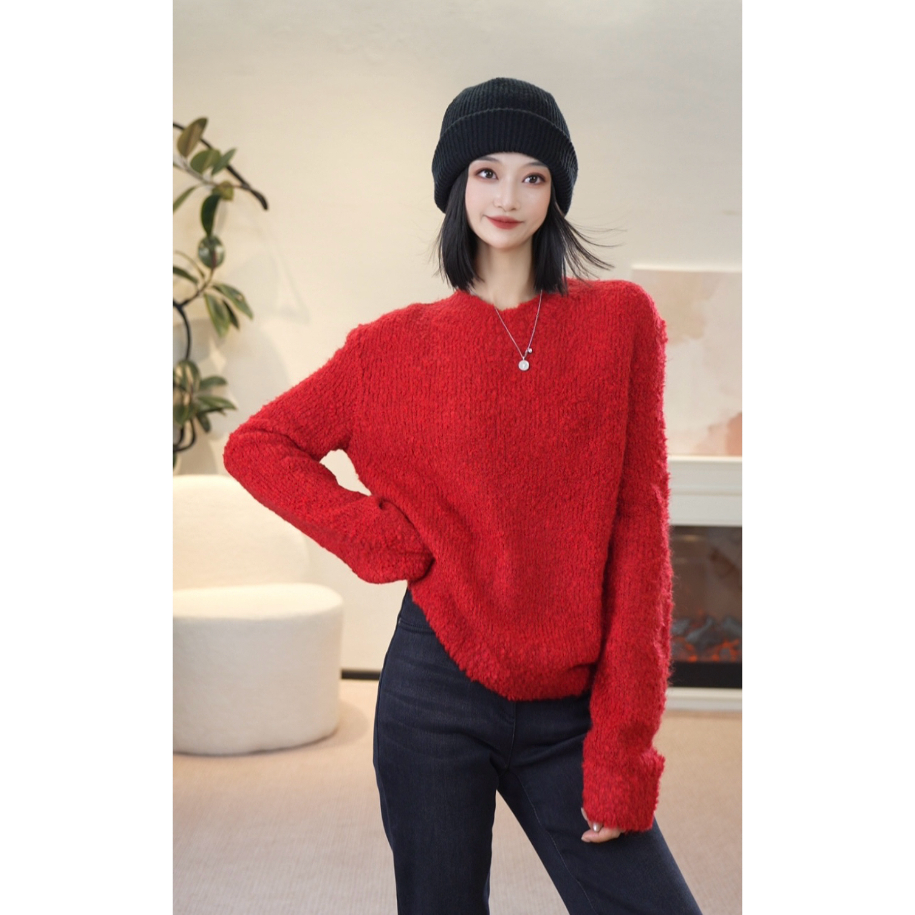 GIRDEAR/哥弟「玫瑰花圃」时尚气质百搭套头软糯红色毛衫1399725