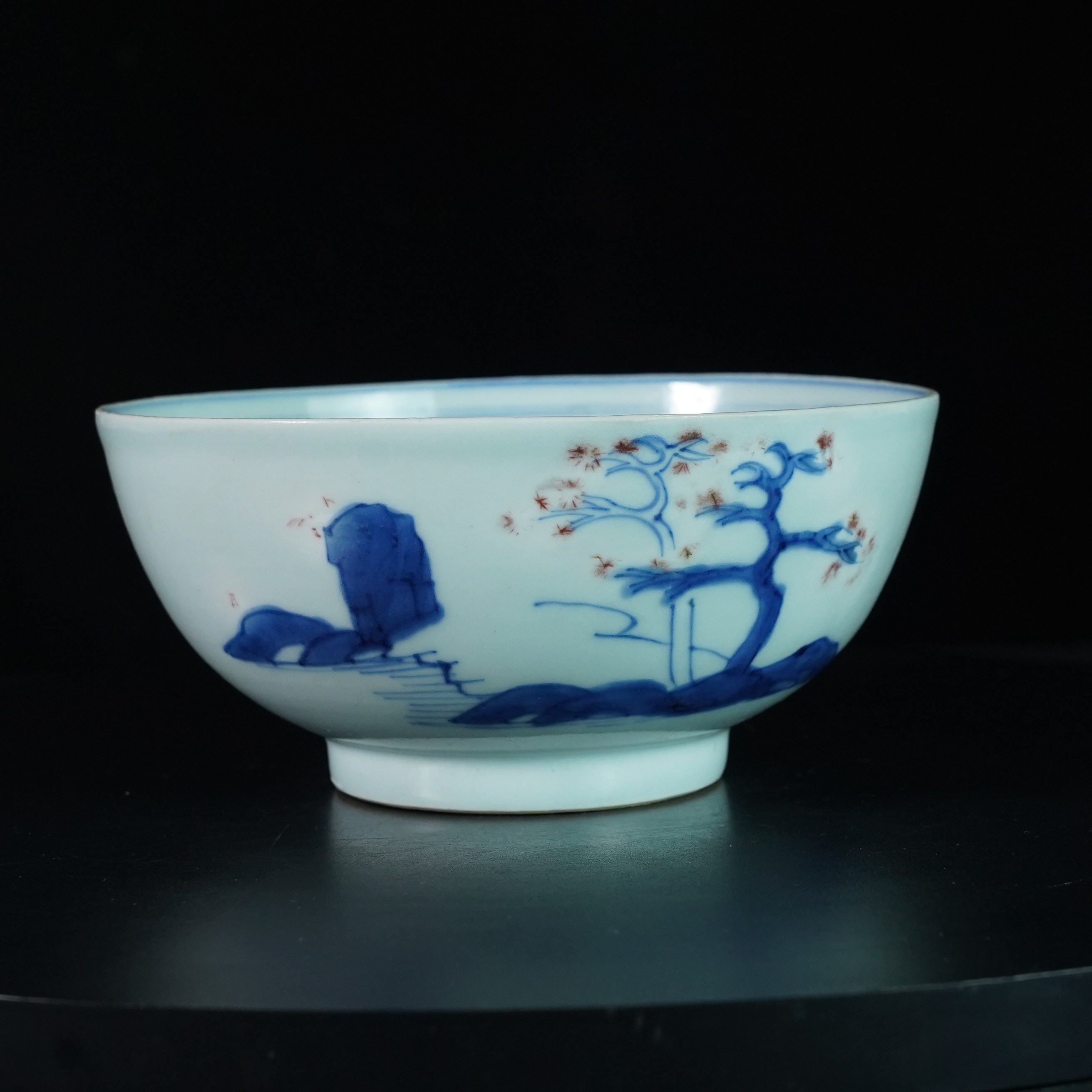 LXZ2580120091【十竹斋】晚清民国青花釉里红山水纹碗