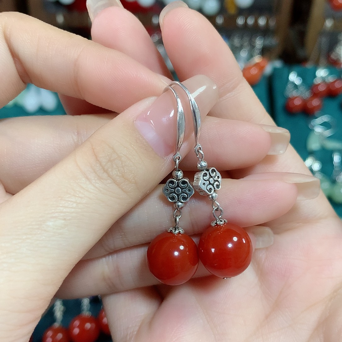 玛瑙/玉髓耳饰银S925镶嵌天然红玛瑙12mm左右（锦红）