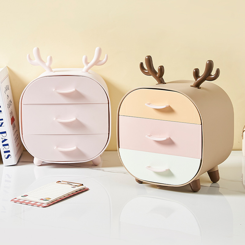 小鹿儿童发夹桌面文具收纳盒多层抽屉式学生可爱宿舍化妆品收纳盒