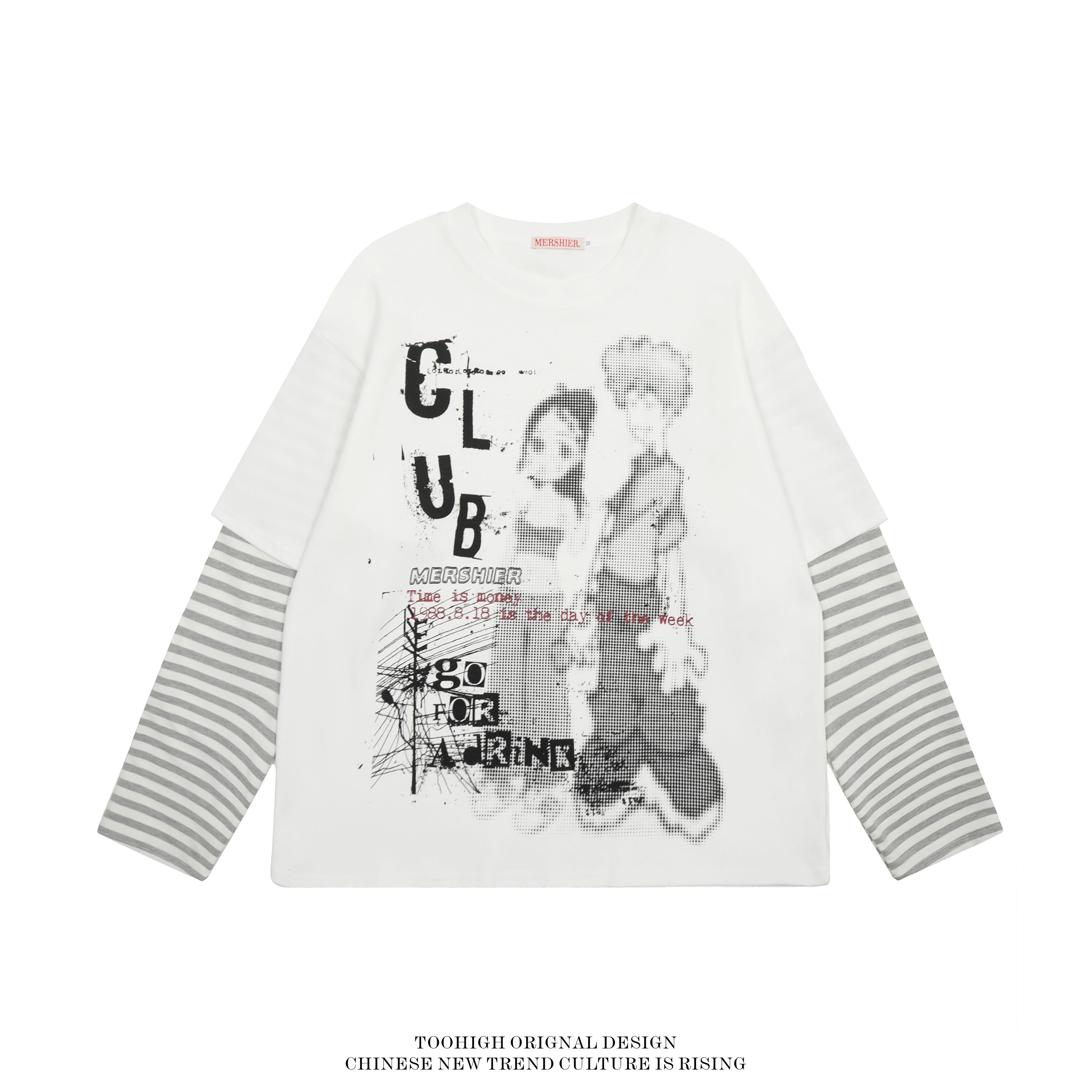 TOOHIGH 美式复古卡通印花长袖T恤男女假两件设计感叠穿休闲上衣