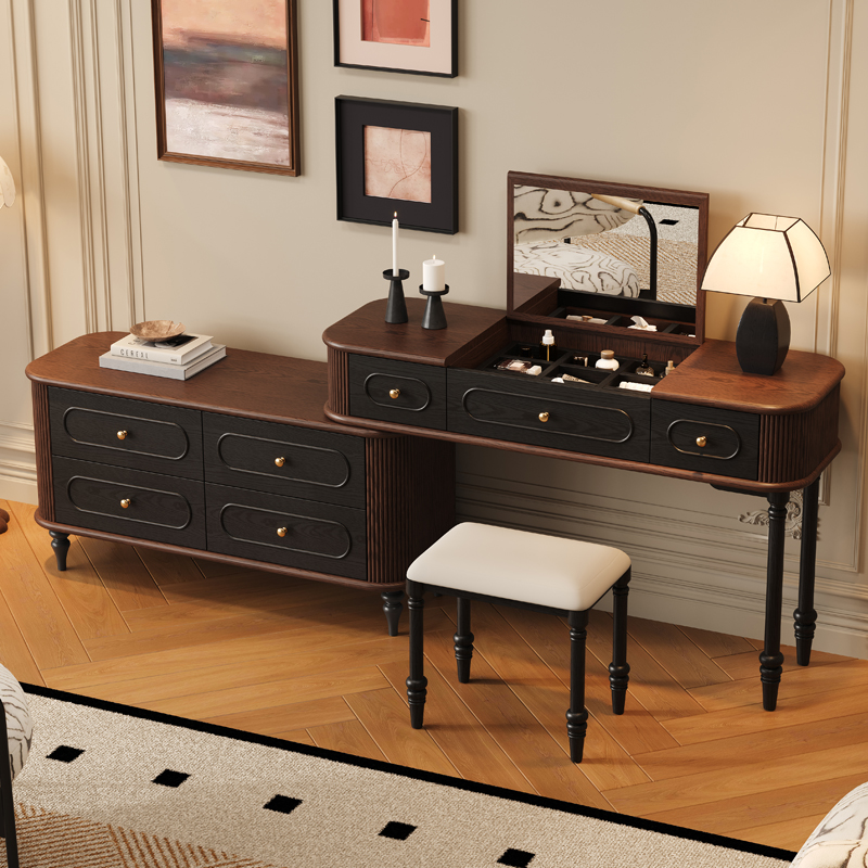 法式复古妆镜梳妆台小型卧室拼色主卧圆角化妆桌法式电视柜斗柜