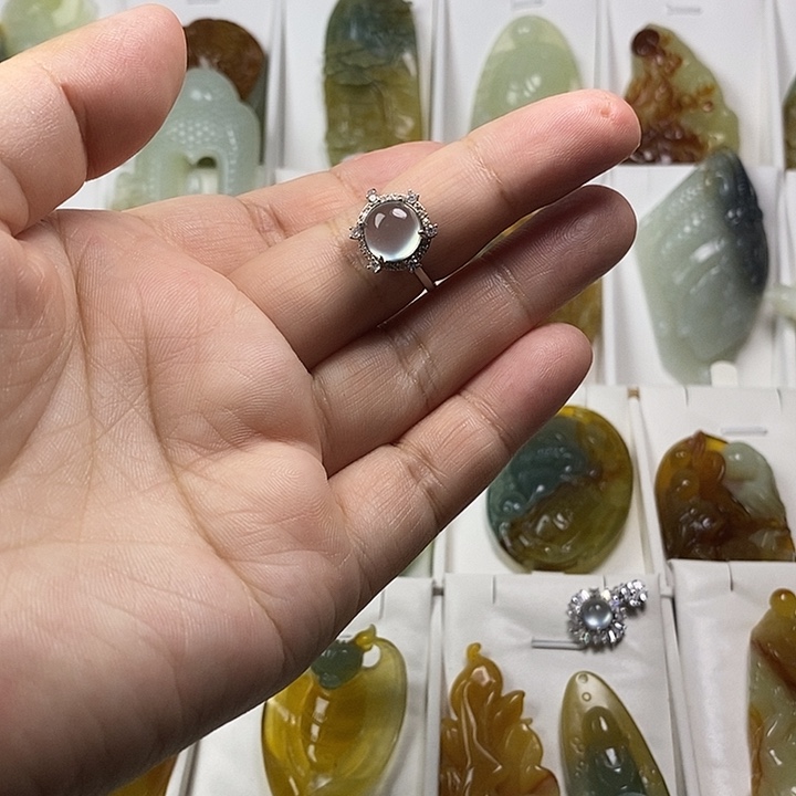 周***刚蛇纹石玉银S925镶嵌戒指