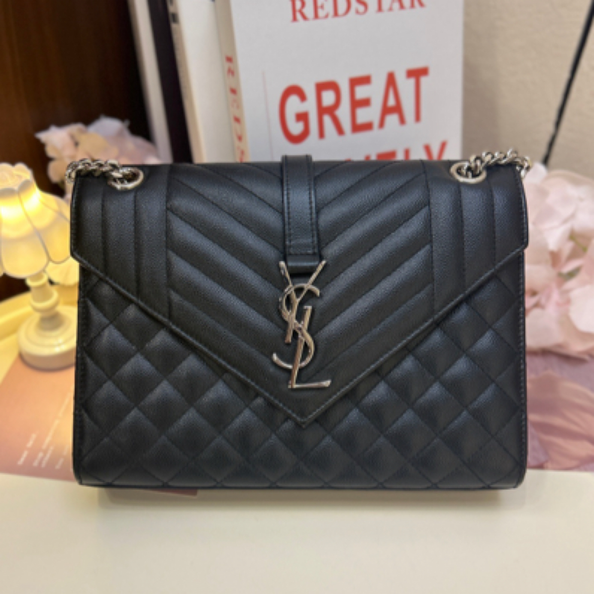 99新 YSL/圣罗兰 黑银Envelope信封包 中号单肩斜挎包